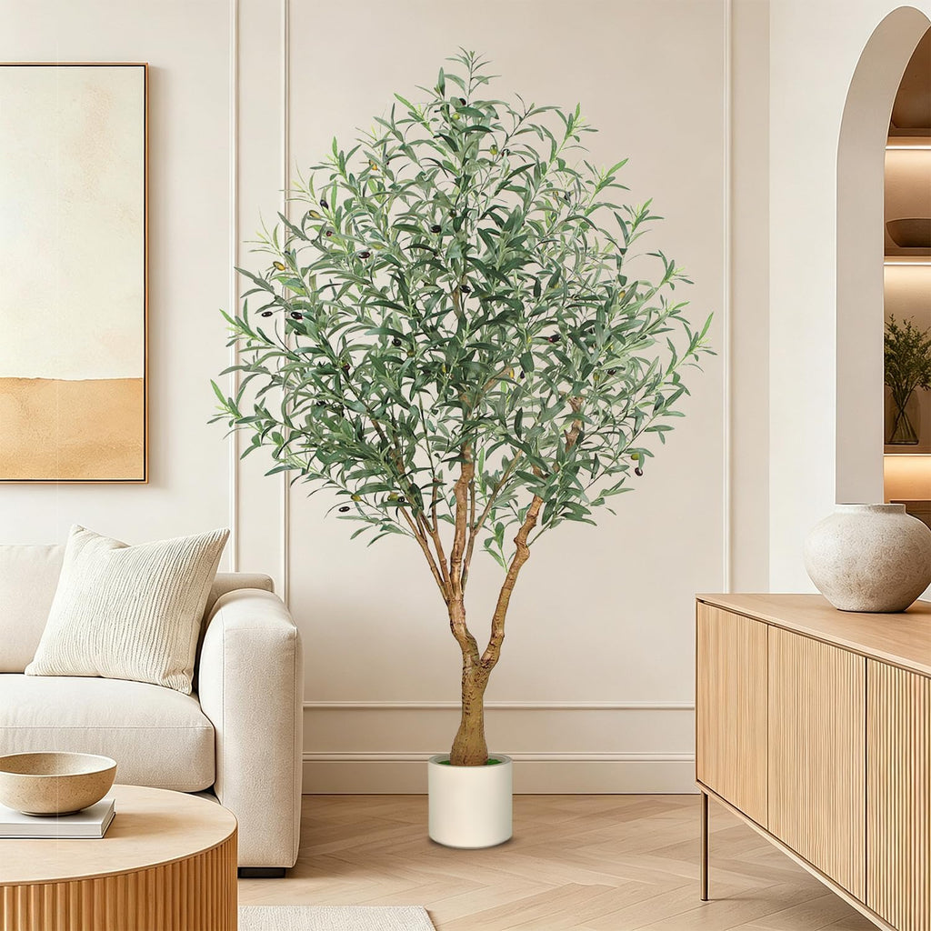 Olive Trees Artificial Indoor, 6FT Faux Olive Tree with White Tall Planter, Full Lush Artificial Plants with Large