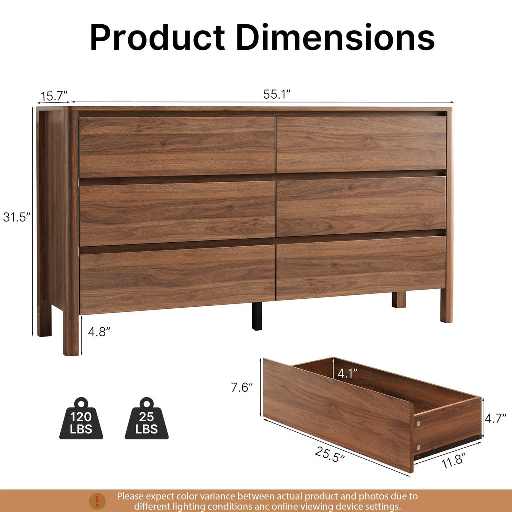Walnut 6 Drawer Dresser, 55"Wide Modern Wood Dresser