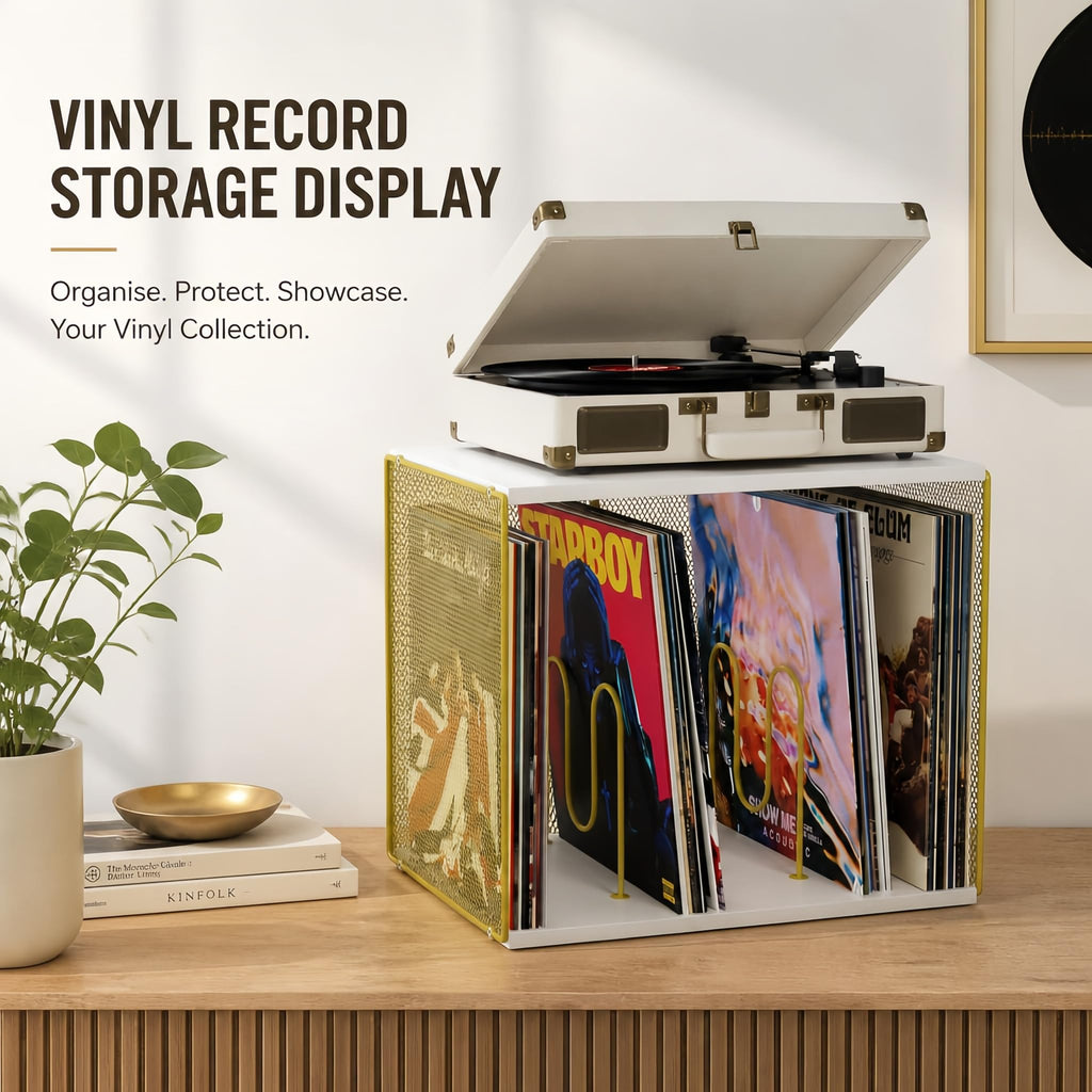 1 Cube Vinyl Record Storage, Wooden Stackable Record Crate, White & Gold