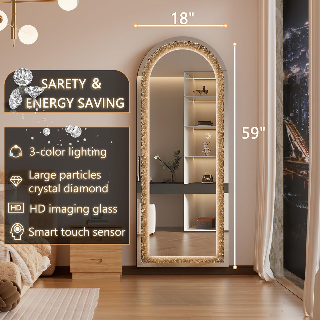 59"×18" LED Full-Length Mirror Arch Design with Crystal Crush Diamond, Wall Mounted Diamond Mirror Leaning Bedroom