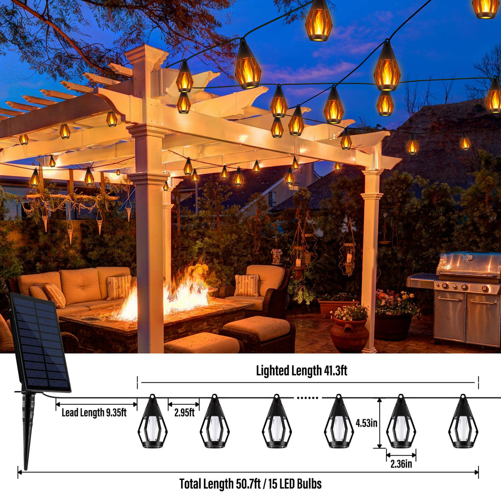 Solar Flame String Lights, 42FT 15 LED Bulbs Waterproof, Warm White