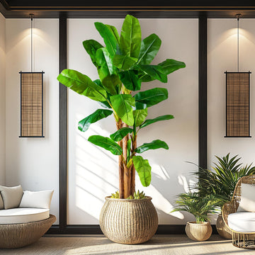 9FT Artificial Banana Tree, Lifelike Fake Banana Leaf Tropical Silk Tree, Easy Assembly Faux Floor Plant with Sturdy