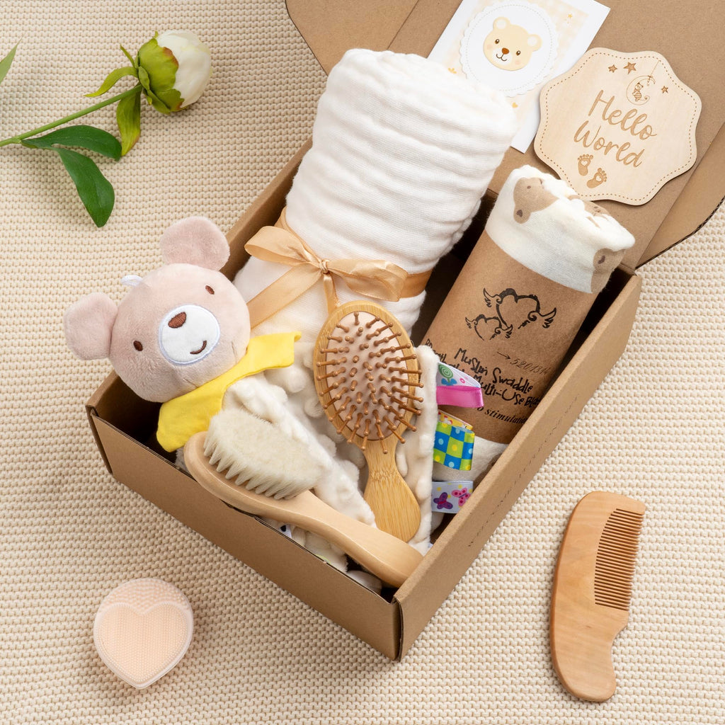 Newborn Baby Gift Set, Wooden Grooming Kit & Muslin Swaddle Blanket