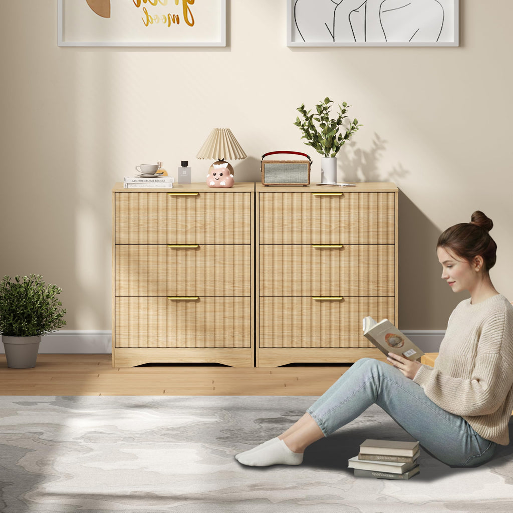3 Drawer Dresser, Fluted Nightstand with Storage, Natural Wood