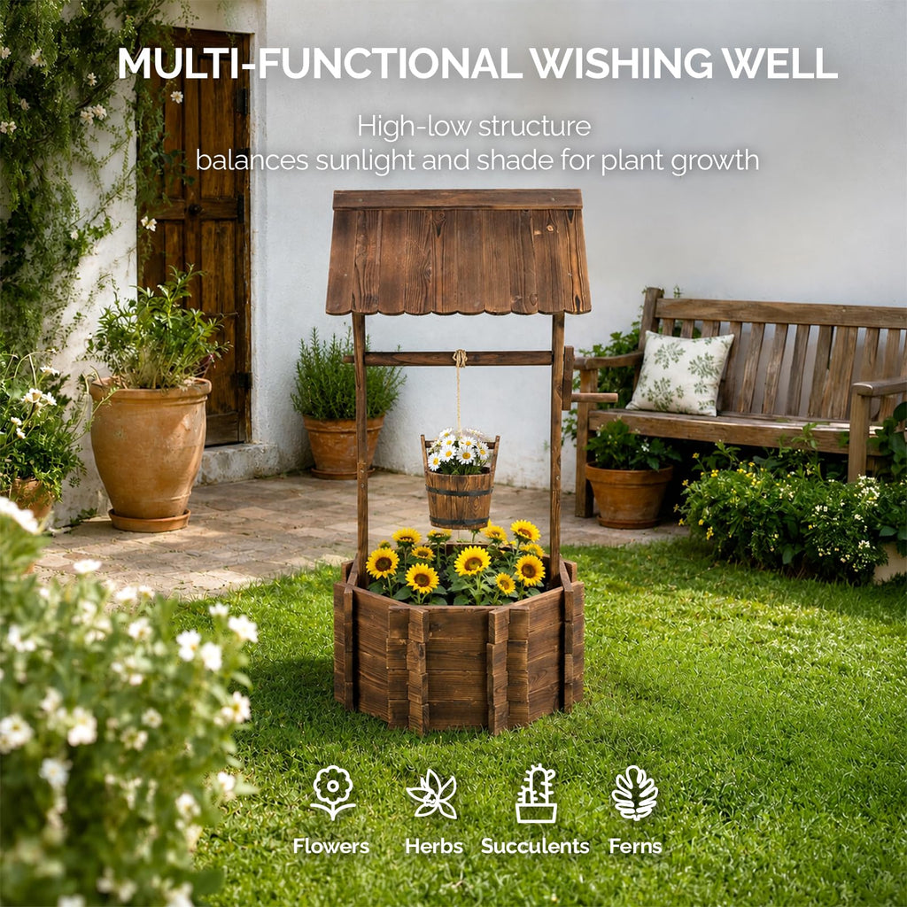 Wooden Wishing Well Outdoor Planters, Well Covers for Yard with 2 Reinforced Rods, Height Adjustable Hanging Bucket