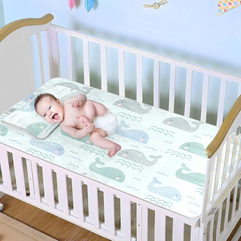 Baby Cooling Mat Cute Whales Bed Pad Ice Silk Cool Mat for Crib Mattress, Sleeping Pad with Pillowcase for Girl Boy