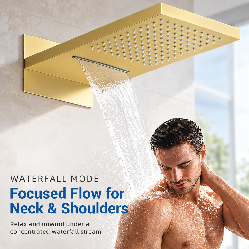 Thermostatic Shower System, Waterfall Shower Head(Brushed Gold)