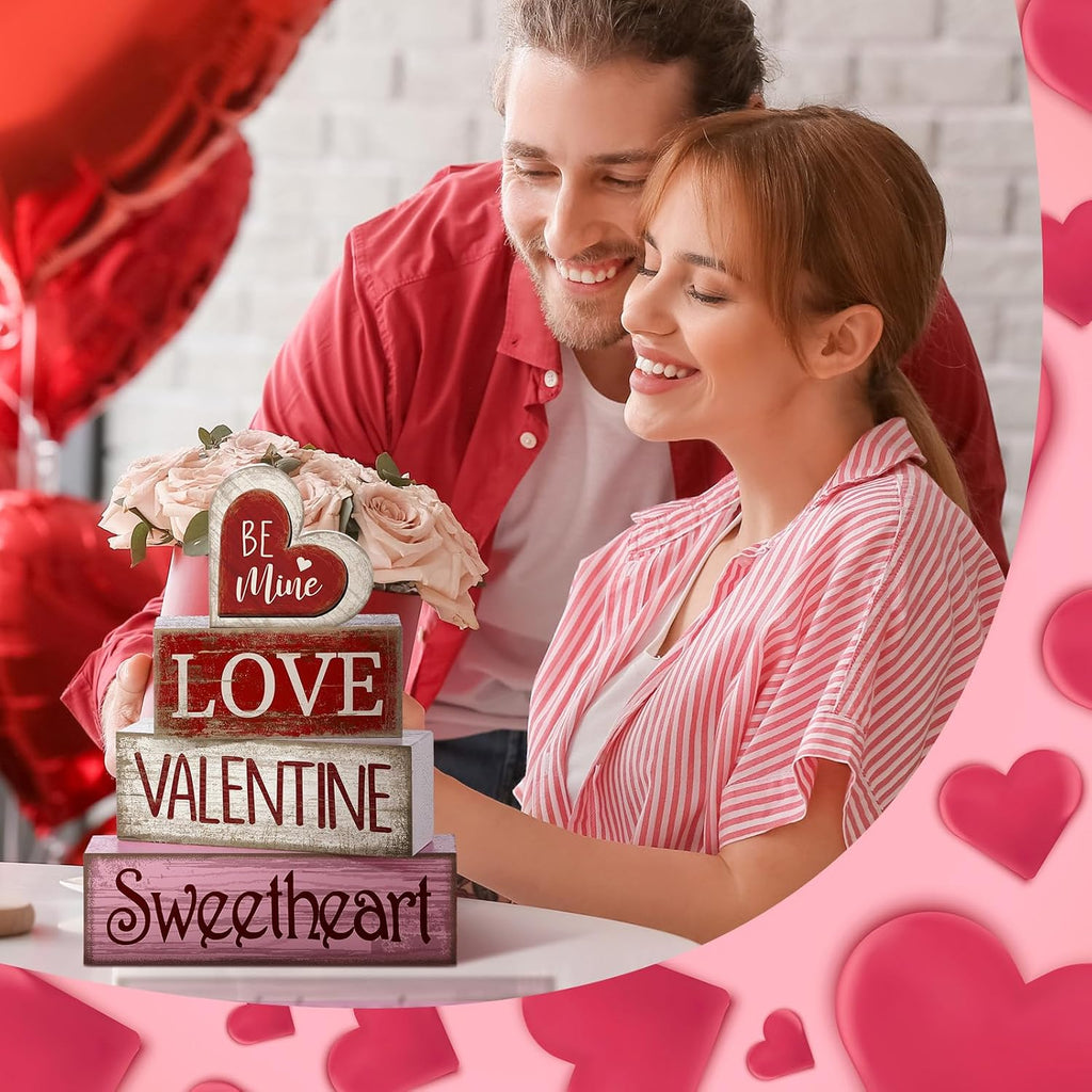 Wooden Valentine Block Signs Tiered Tray Decor - Set of 4
