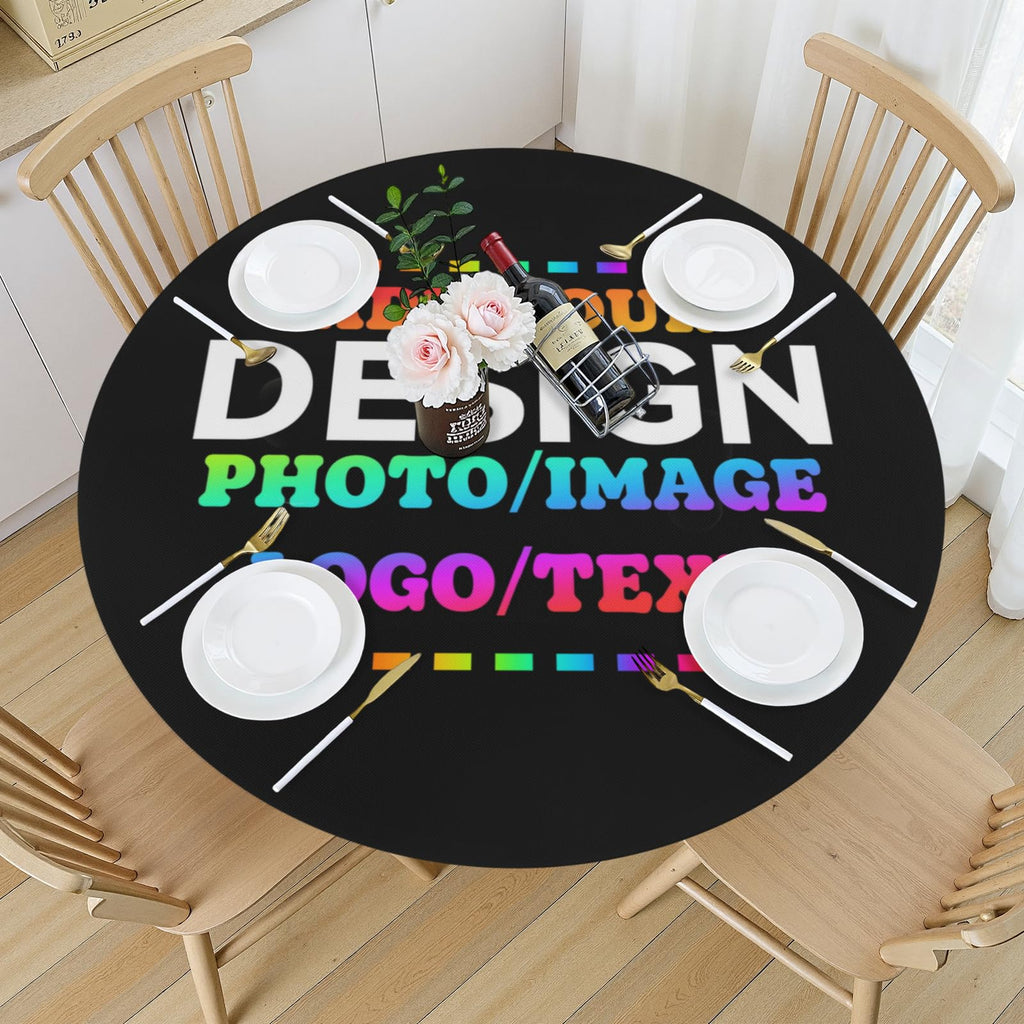 Custom Round Fitted Tablecloth with Elastic Edge, Design Your Photo, Text, Business Logo, Oil Proof Wipeable Table