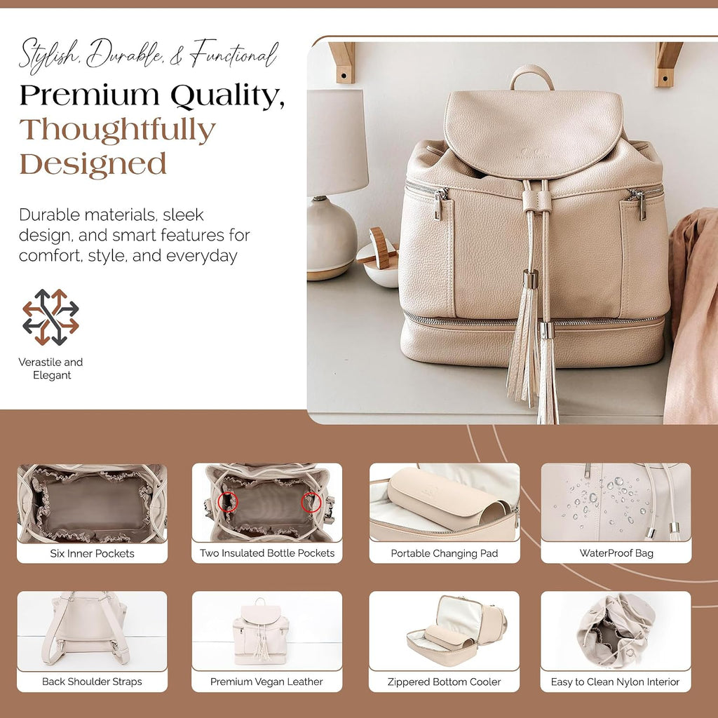 Collective Journey Pearl Vegan Leather Diaper Bag Backpack | Elegant, Multifunctional, Travel Diaper Bag