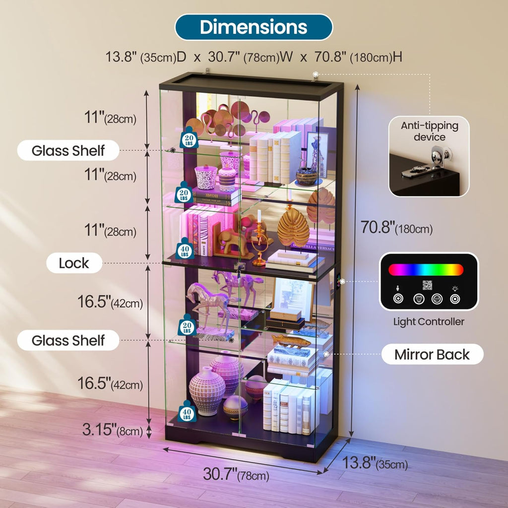 10-Tier Glass Display Cabinet with RGB Light and Motion Sensor,Black | 71''H Lockable Curio Cabinet with Glass