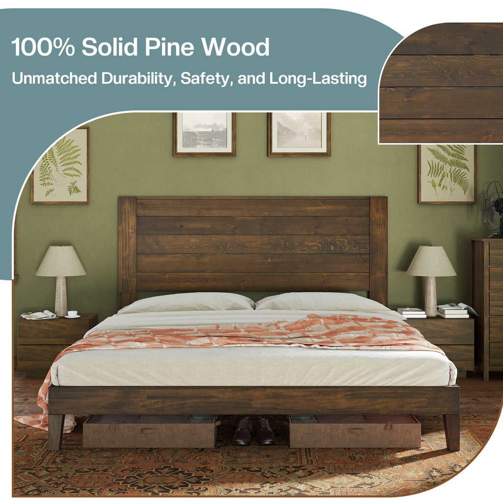 Solid Wood Farmhouse Bed Frame with High Headboard