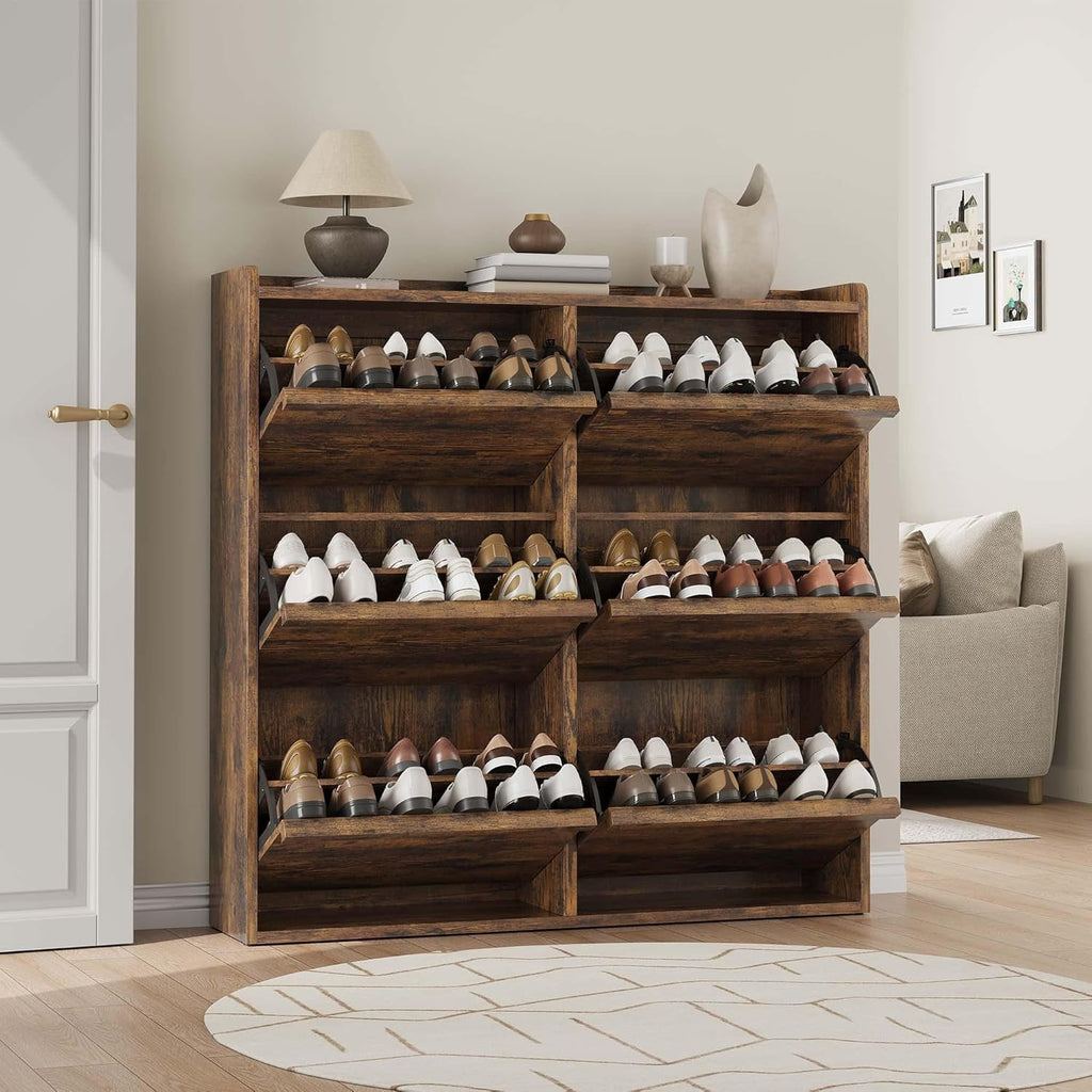 Shoe Cabinet, 6 Flip Drawers, Narrow Freestanding Shoe Organizer with Adjustable and Removable Shelves, Modern Wooden