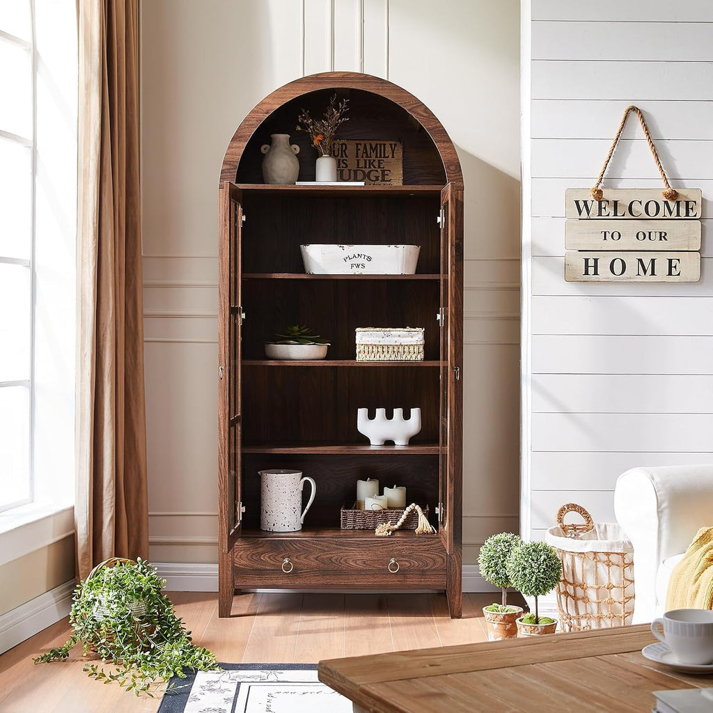 71" Tall Arched Cabinet Bookshelf with Glass Door & Storage Drawer | Modern Farmhouse Display Cabinet,Adjustable
