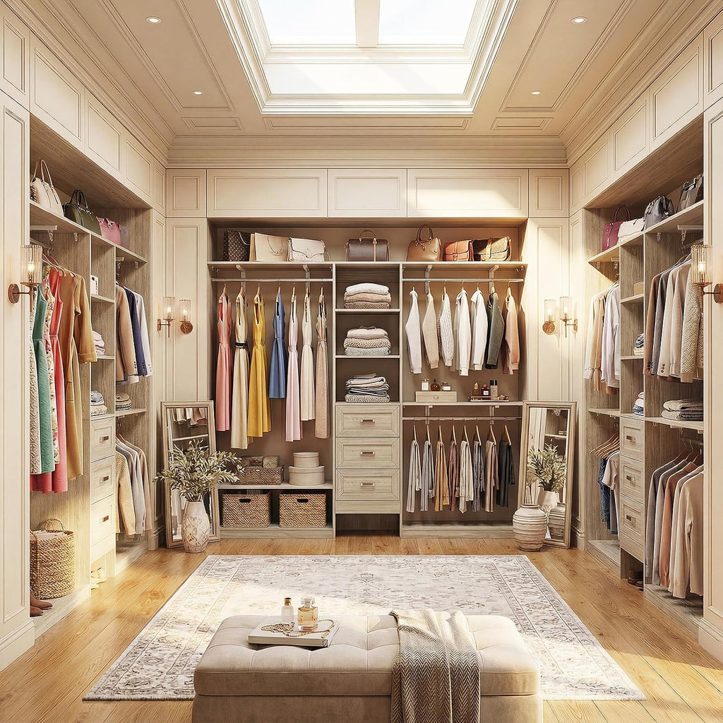 8FT Closet System with 3 Curved Drawers, 96'' Wooden Walk-in Closet Organizer with 3 Top Shelves, Adjustable