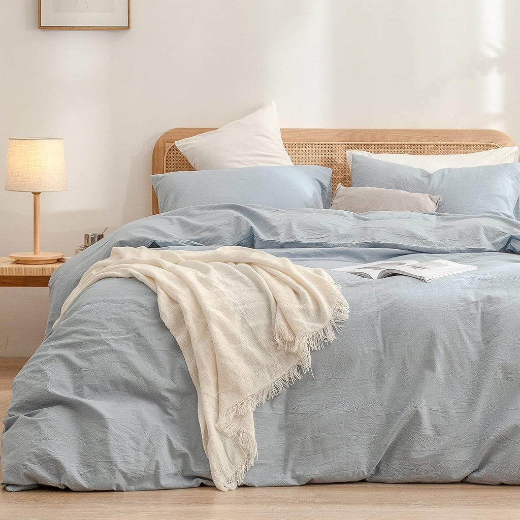 Cotton Solid Duvet Cover Set Linen Feel Cornflower Blue King | Washed Cotton, Linen Feel, Soft Wrinkle Texture