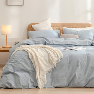 Cotton Solid Duvet Cover Set Linen Feel Cornflower Blue King | Washed Cotton, Linen Feel, Soft Wrinkle Texture