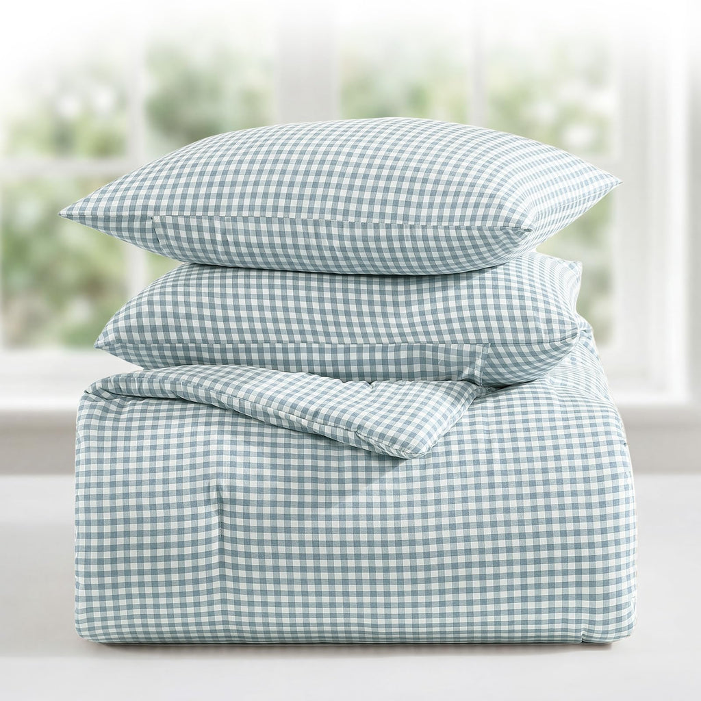 Blue Gingham Comforter Set, 3 Pieces Bedding