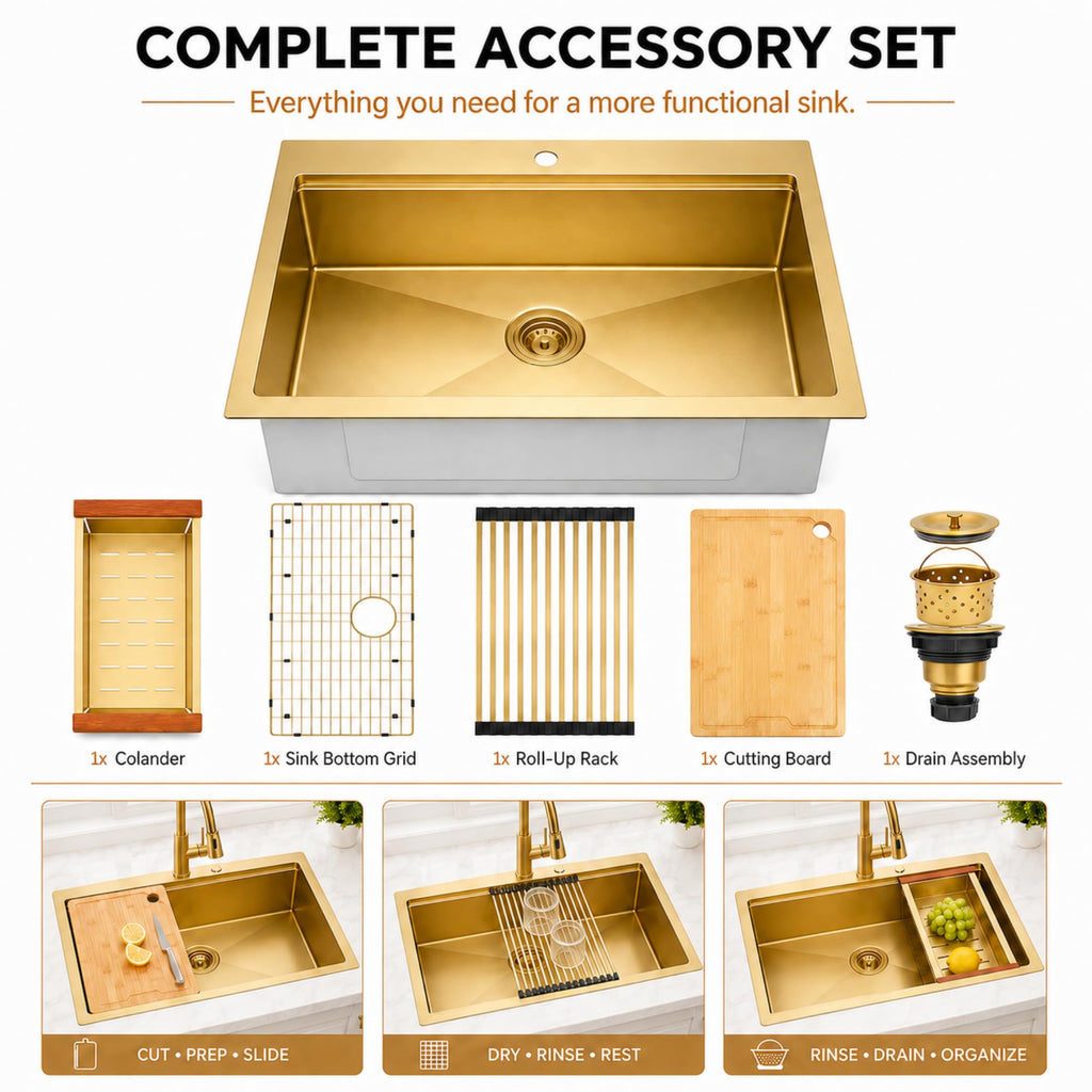 33" X 22" Drop In Gold Kitchen Sink, Single Bowl Top Mount Kitchen Sink, 16 Gauge Stainless Steel Workstation Sinks
