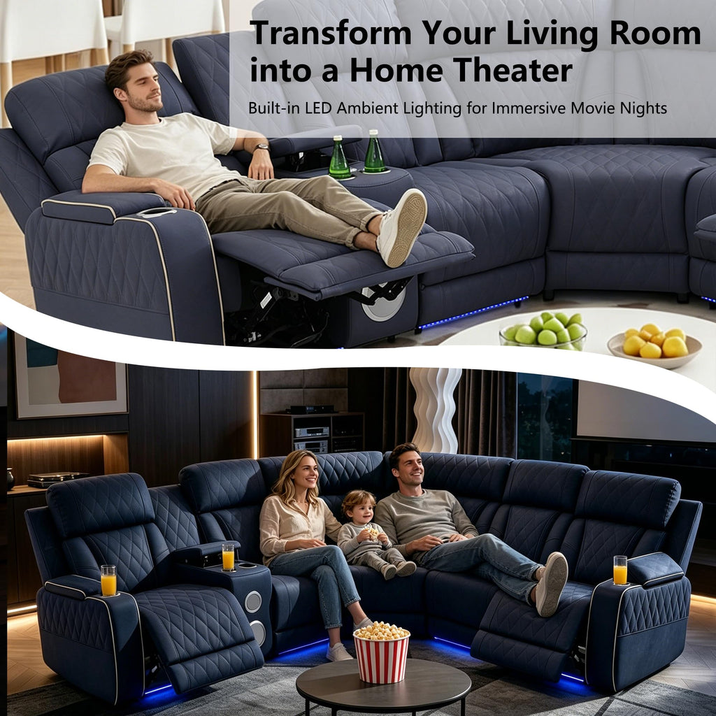 Power Reclining Sectional Couch with Speakers, Faux Leather Recliner Sofa, L-Shaped Reclining Sectional with LED
