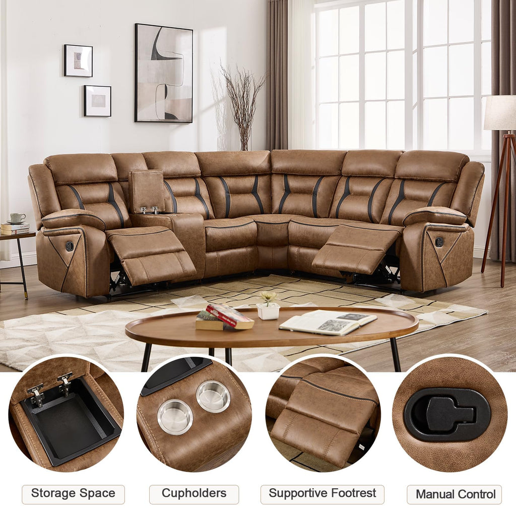 Faux Leather Reclining Sectional Couch, L-Shaped Sectional Corner Manual Recliner Sofa Home Furniture Set with