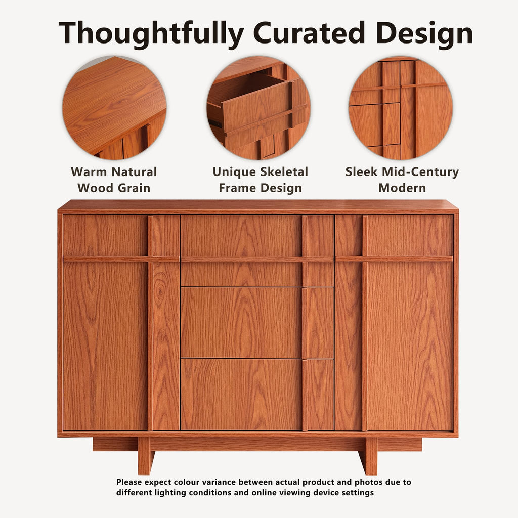 47.2" Buffet Cabinet with Storage, Skeleton Line Design, Cherry