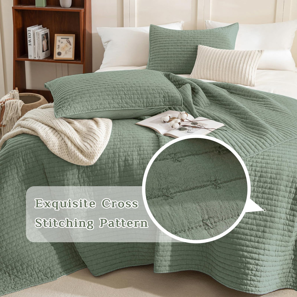 Quilt 128"x120", Stone-Washed Cotton Olive Green Bedspread, Soft Lightweight Extra Large
