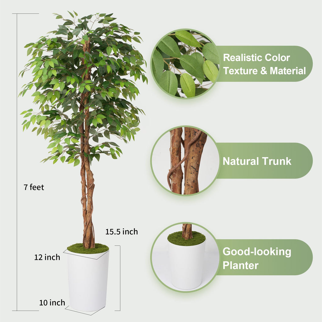 7Ft Artificial Ficus Tree in Large Tall Planter - Faux Indoor Plant with Realistic Wood Trunk - Large Tall Fake Plant