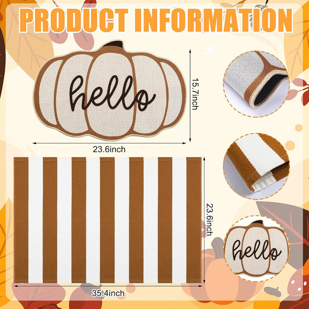 24" X 36" Pumpkin Layered Doormat Set for Front Door | Pumpkin Pattern, Brown and White Striped Layering Rug, Linen