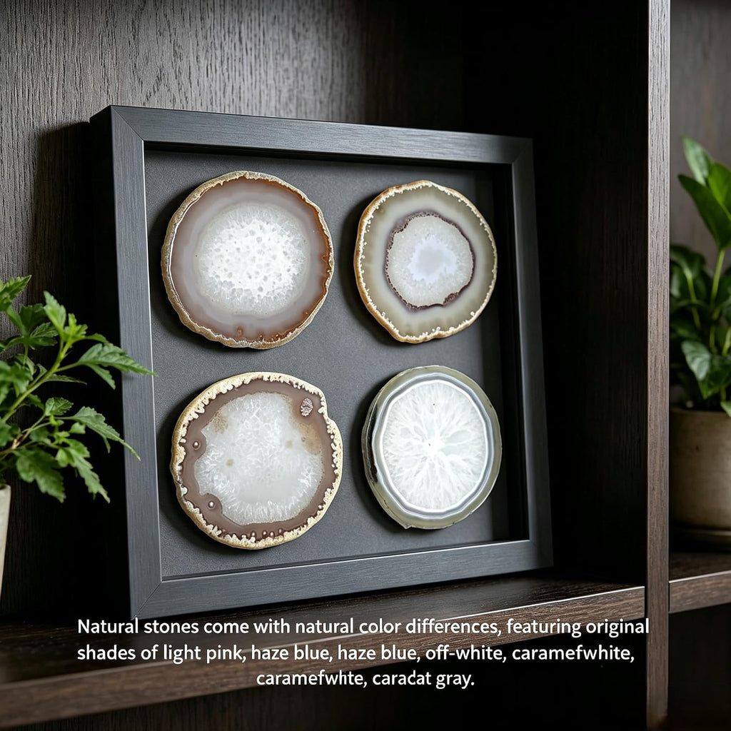 Agate Coasters Geode Agate Sliced Cup Mat 3-4'' Natural Color Polished Coasters with Rubber Bumper for Drinks - Set of 4