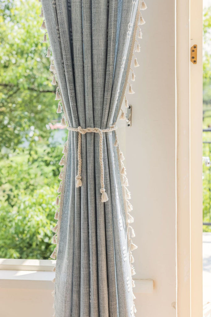Boho Embroidery Striped Farmhouse Curtains - 84 Inch Long, 2 Panel Set, Blue Linen, Tassel, Semi-Blackout (52" W x