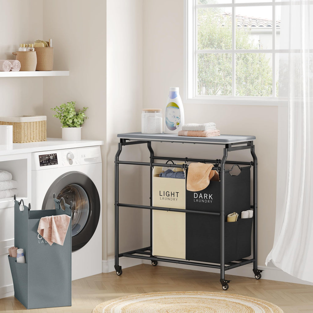 3 Section Laundry Sorter with Ironing Board, Hamper with Wheels
