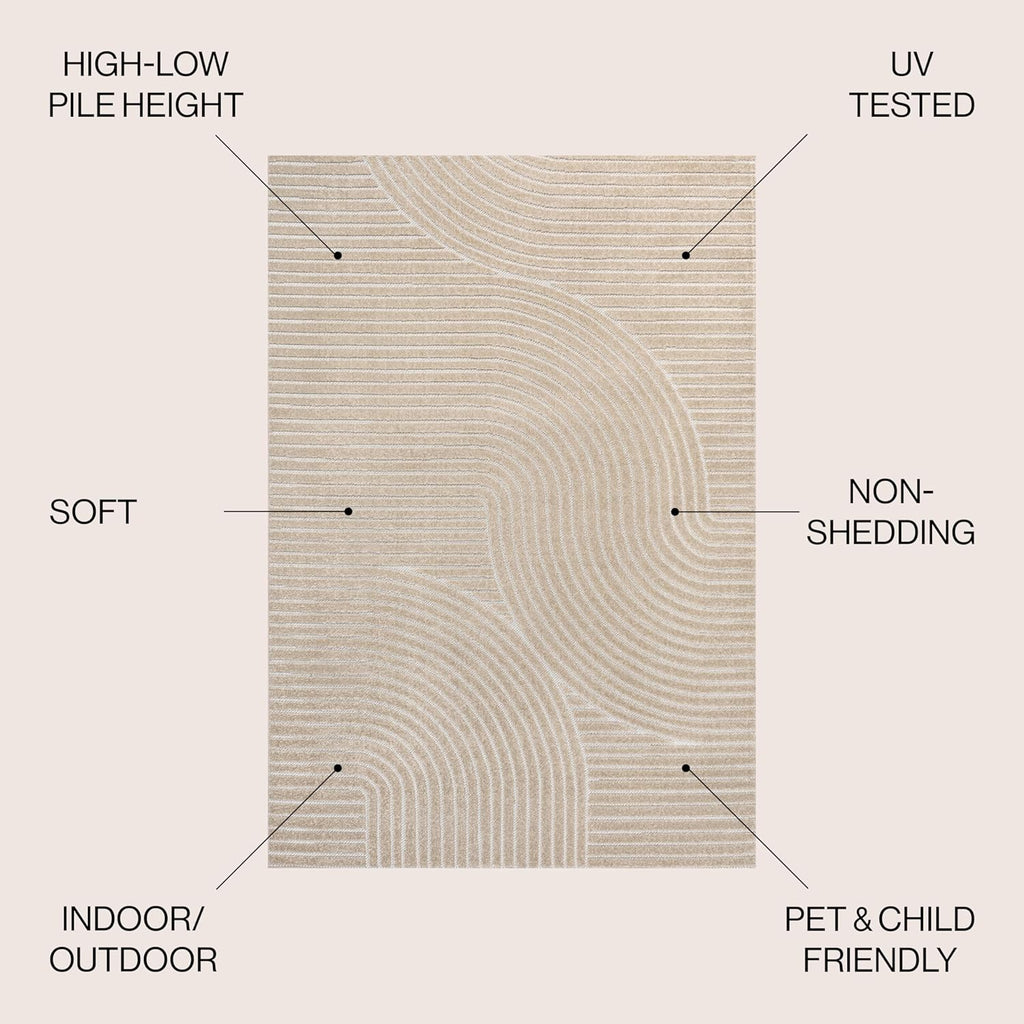 Hallie High-Low Curve Beige/Cream 8x10 Indoor/Outdoor Area Rug, Minimalist, Japandi, Geometric, Pet Friendly