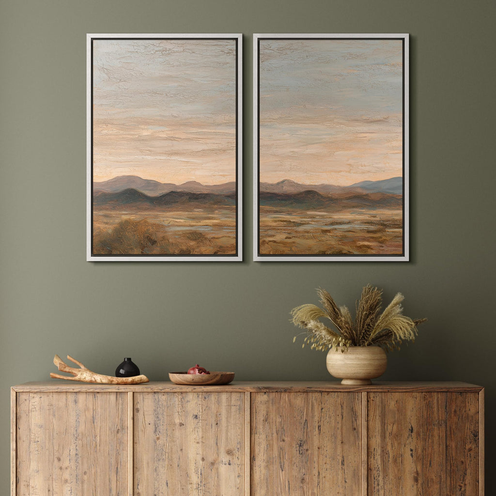 Framed Canvas Print Wall Art Set Warm Earth Tone Mountain Landscape Illustrations Modern Art Decorative Zen