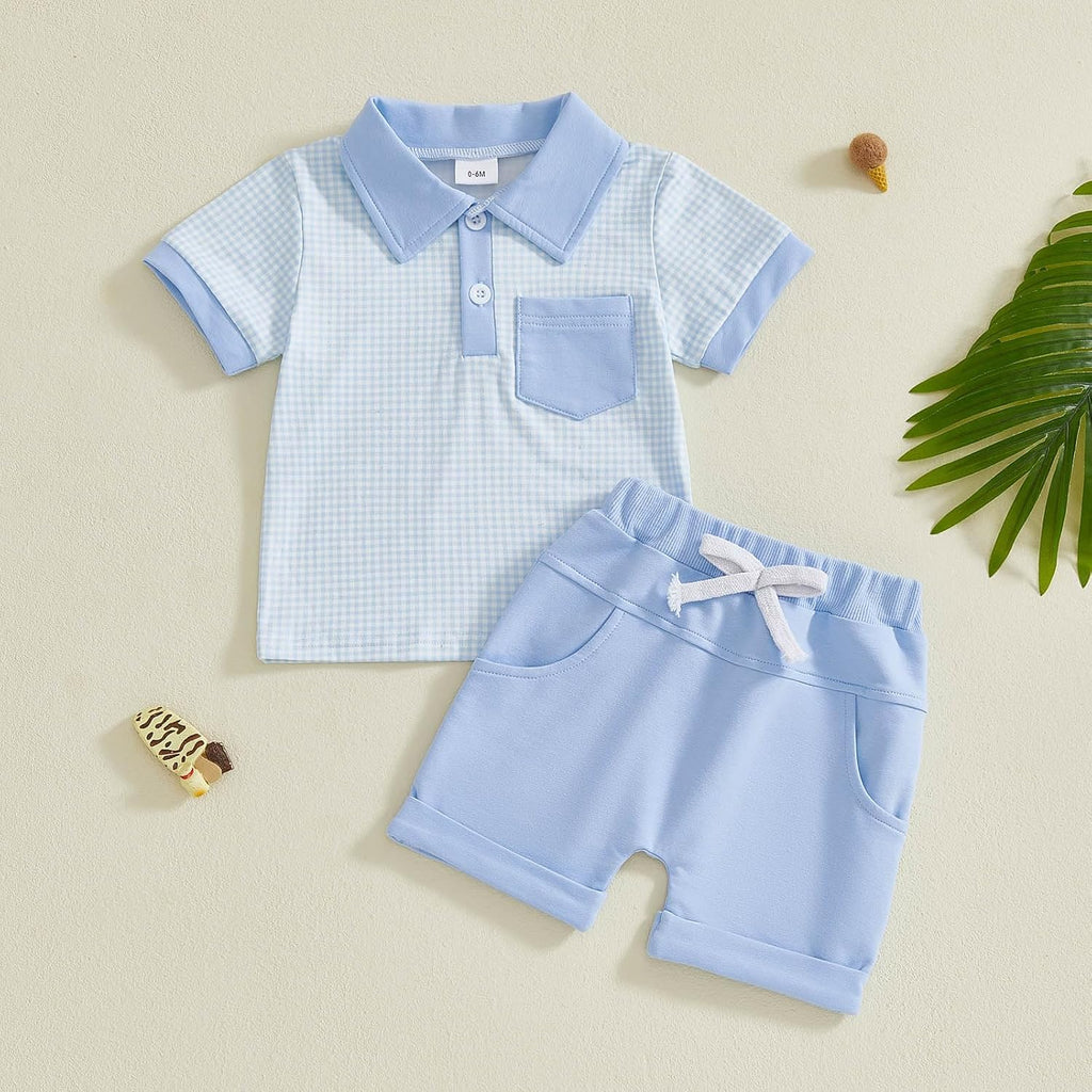Toddler Baby Boy Summer Clothes Plaid Lapel Short Sleeve T-Shirt Top Shorts Sets Infant Outfit 6 12 18