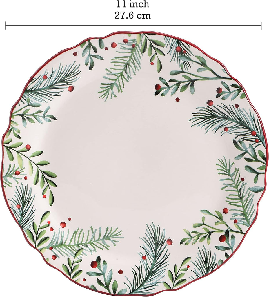 Santa On The Way Wreath Scalloped Dinner Plates Set of 4, 11 Inch Large Ceramic Plates for Pasta, Steak, Stylish