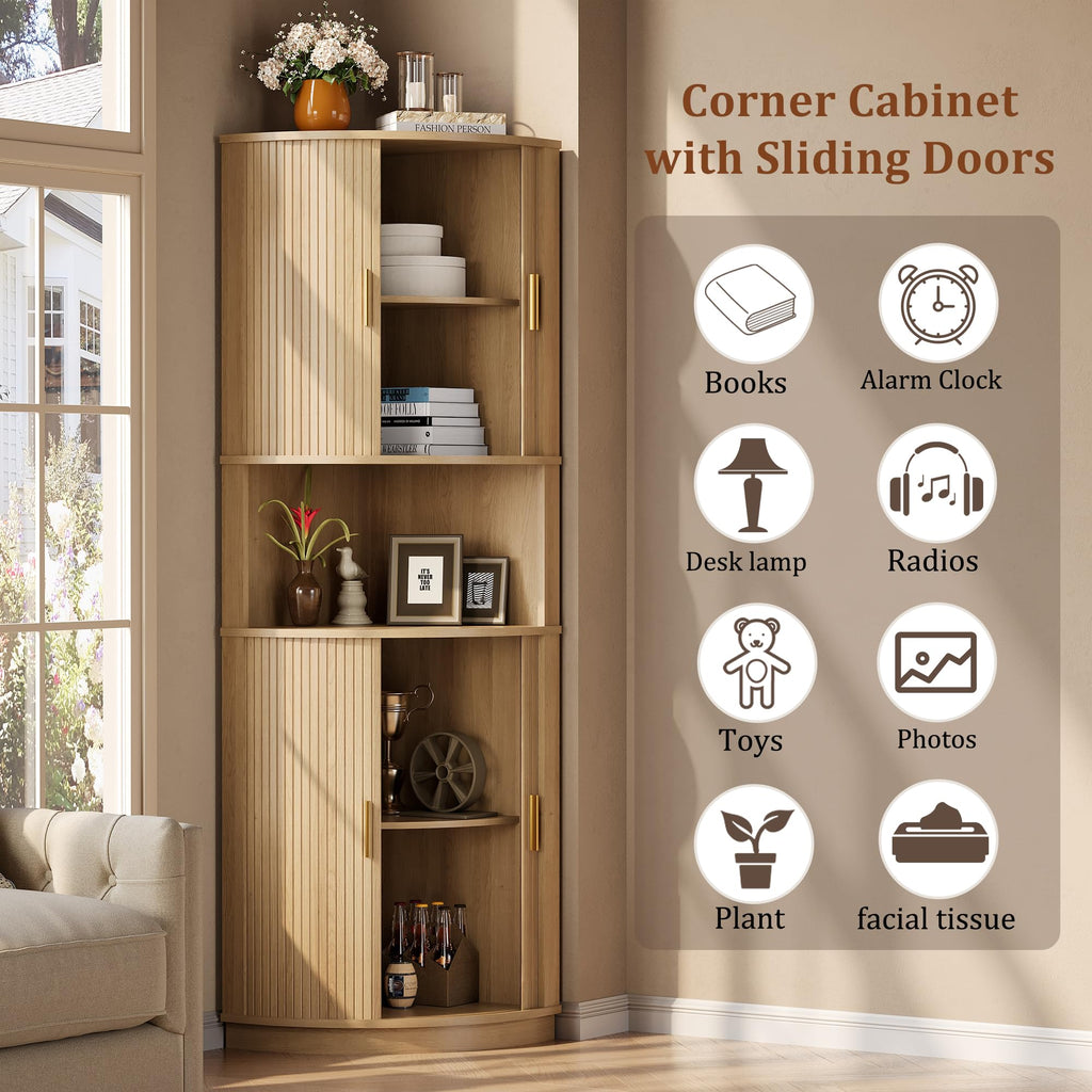 65.8'' Tall Corner Storage Cabinet with Fluted Sliding Doors, Wine Bar Cabinet with Storage, Mid-century Modern