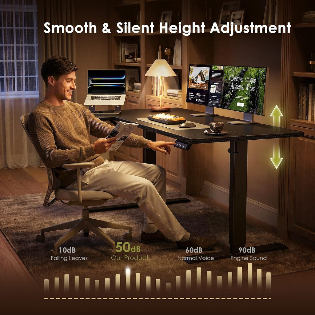 55" Reversible L Shaped Electric Standing Desk, Carbon Fiber Black | Corner Height Adjustable Computer Table, Stand