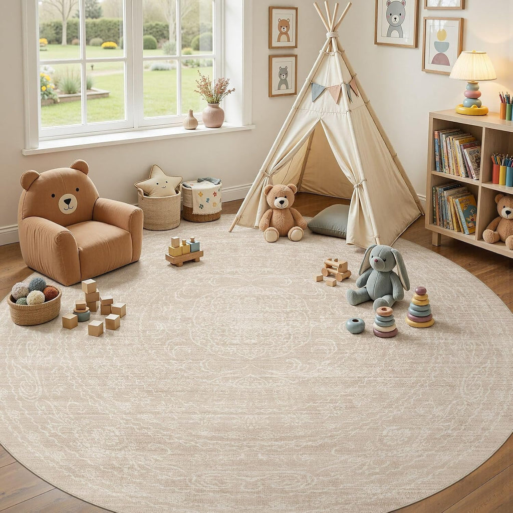 Neutral 8x8 Round Area Rugs Living Room Washable Rug, Beige