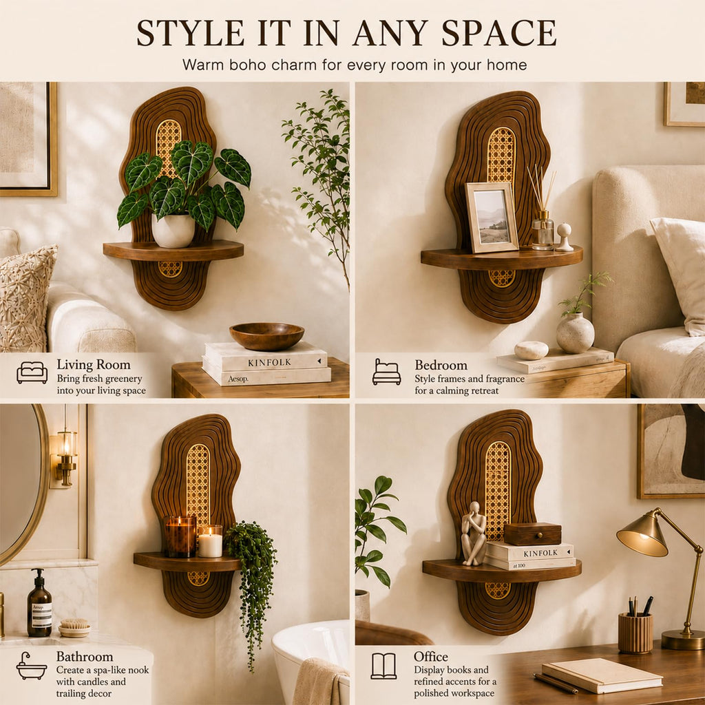 Boho Wall Decor Plant Shelves 2 Pack, Floating Shelves for Wall, Solid Pine