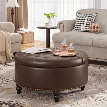 30 Inch Large Round Ottoman with Storage Circular,Chocolate | Leather Coffee Table with Lift Top,Modern Upholstered