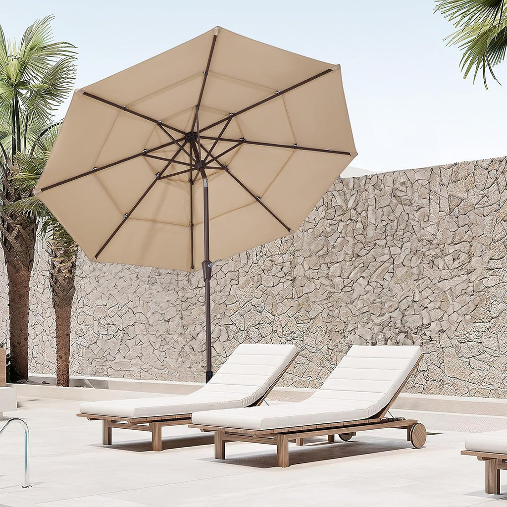 9FT 3 Tier Patio Umbrella Outdoor Market Umbrella Table Umbrellas with 8 Ribs 1.5 Pole Push Button Tilt and Crank UV - B