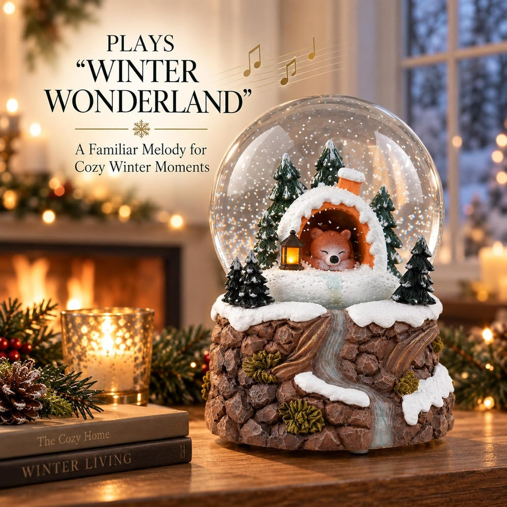 Musical Snow Globe with Light, Bear Winter Snow Globe Music Box Playing Winter Wonderland, Hand-Shake Floating Snow