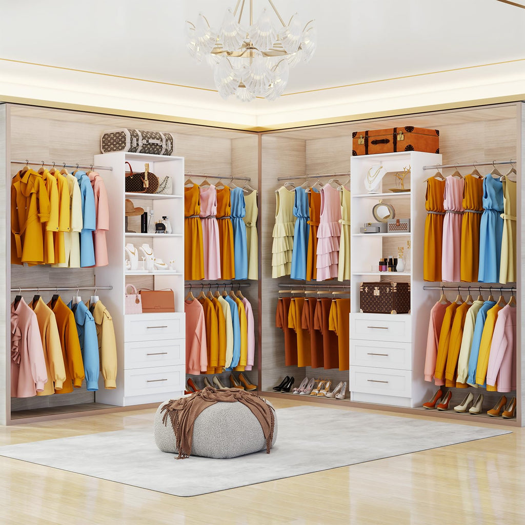 Closet System with Drawers, 4FT-9FT Modular Closet Organizer System with 4 Expandable Hanging Rods Adjustable Wooden