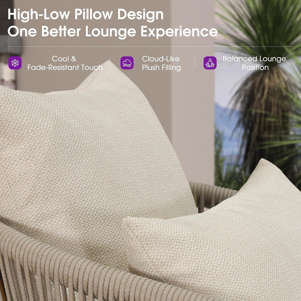 Patio Chaise Lounge Set of 2 with Soft Cushion, Teak | Ergonomic wraparound back, dual-height pillows