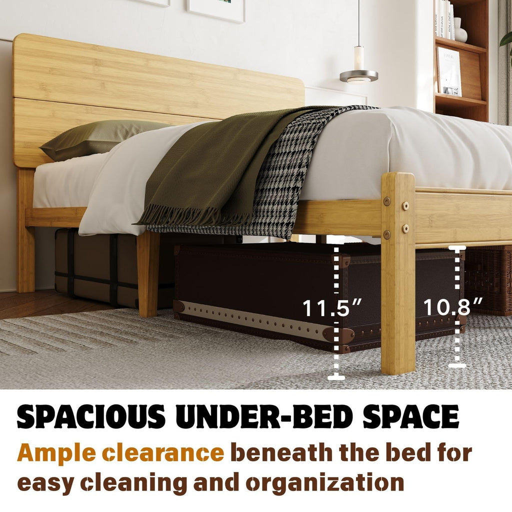 14 Inch Solid Bamboo Wood King Size Bed Frame with Headboard, Platform Bed Frame King with Metal Slats, No Box Spring