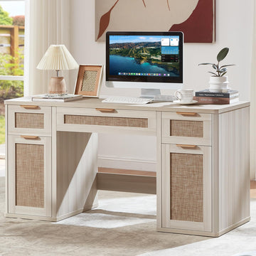 56" Rattan Office Desk with 3 Drawers & 2 File Cabinets, Grey