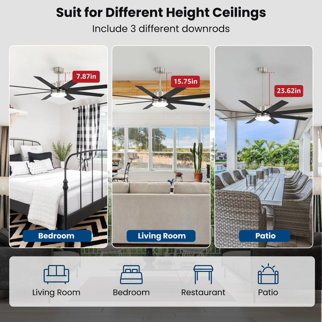 60 Inch Ceiling Fans with Lights and Remote, Dual Color 6 Blades, Bedroom Living Room Office Library Cafe Outdoor