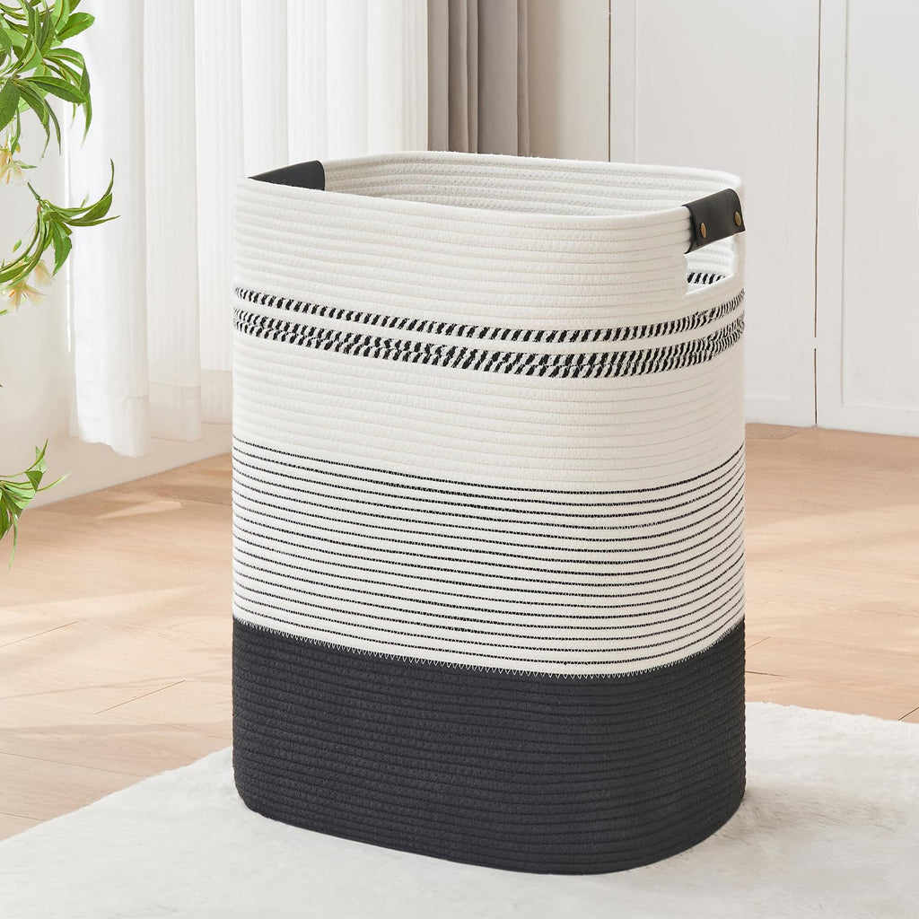Laundry Hamper - Large Laundry Basket with Leather Handles, Decorative Storage Basket for Blankets - Clothes Hamper