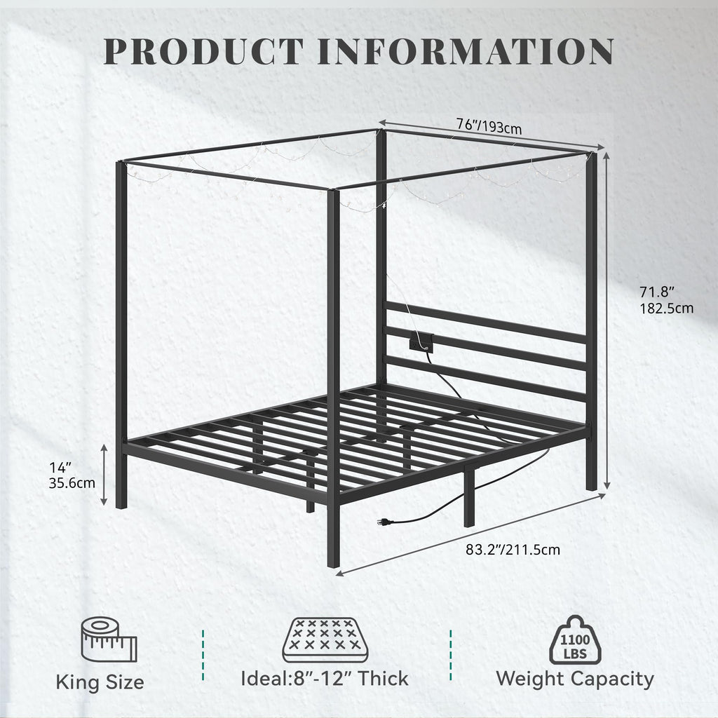 Canopy Bed Frame, Four Poster Platform Bed w/USB Charging Station